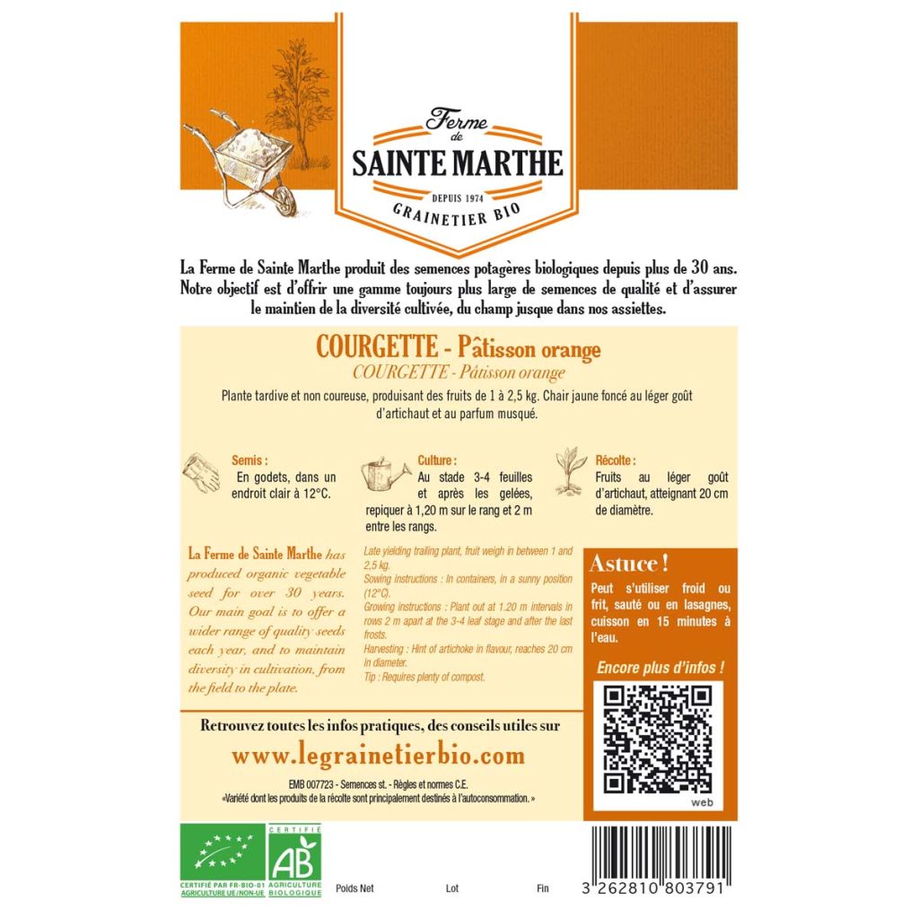 Calabaza bonetera Pâtisson Orange Bio - Ferme de Sainte Marthe