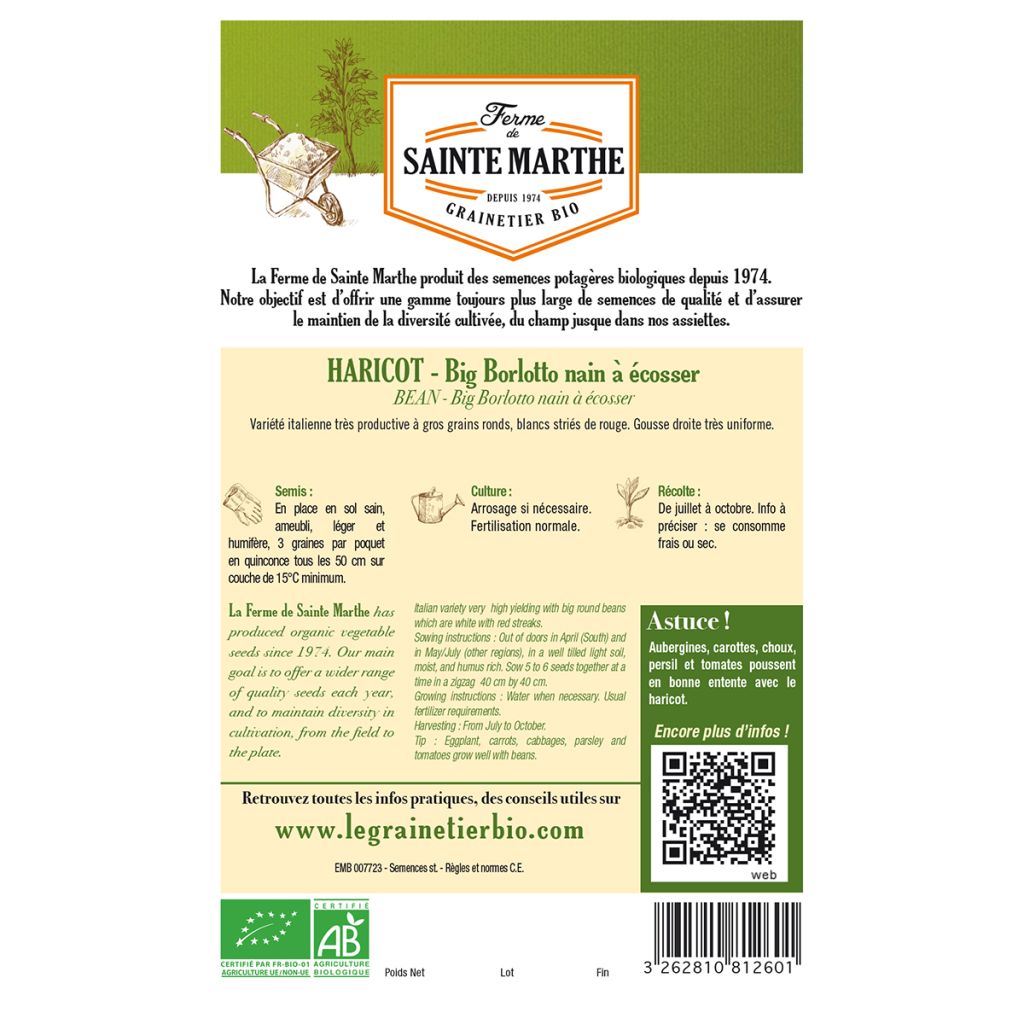 Judía enana Big Borlotto Bio - Ferme de Sainte Marthe